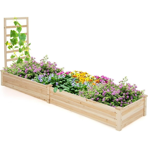 QISHENSHUI Raised Garden Bed with Trellis, 93" L x 25" W x 40" H,Wood Planter Box for Vegetables Flowers Herbs Fruits Climbing Plants Cucumber, Easy Assembly, Outdoor Rectangular Floor Gardening Beds