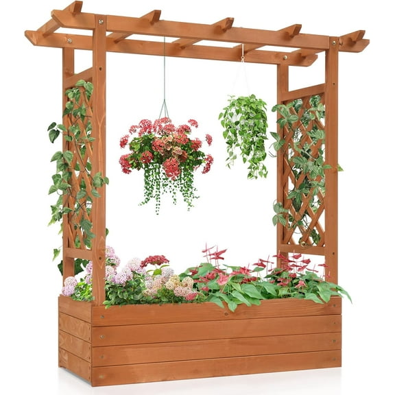 QISHENSHUI Raised Garden Bed with Trellis, Wood Planter Box with Hanging Roof, Side Trellis and Drainage Holes, Above Ground Elevated Garden Bed for Outdoor Climbing Plants Vegetables Flowers Herbs