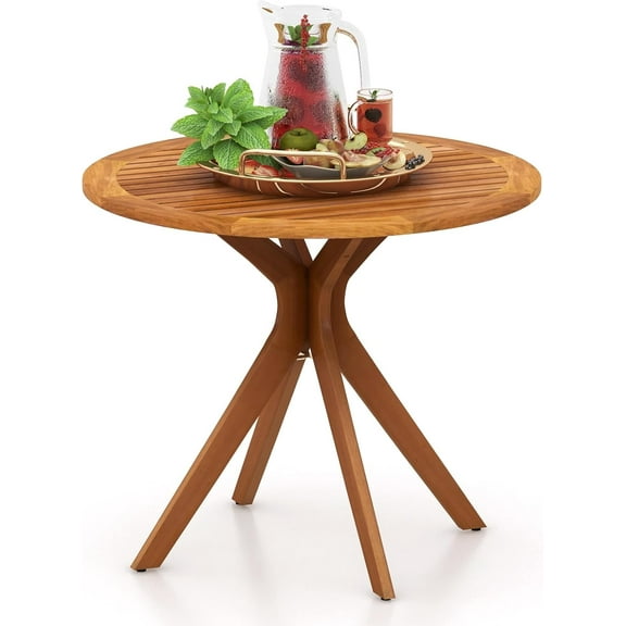 QISHENSHUI Round Bistro Table, Indoor Outdoor Coffee Table w/Solid Structure, Slatted Tabletop, Stable Legs, 35.5” Wood Dining Table for Patio, Garden, Poolside, Backyard, Easy Assembly, Natural