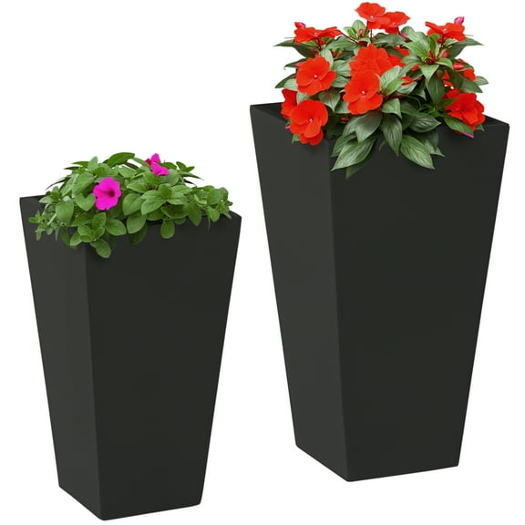 QISHENSHUI Set of 2 Magnesium Oxide Flower Pots – Sturdy Outdoor Planters Equipped with Practical Drainage Holes for Herbs, Flowers & Vegetable Gardens, Black