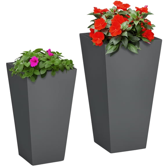 QISHENSHUI Set of 2 Magnesium Oxide Flower Pots – Sturdy Outdoor Planters Equipped with Practical Drainage Holes for Herbs, Flowers & Vegetable Gardens, Gray