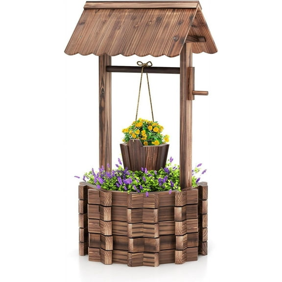 QISHENSHUI Wooden Wishing Well Planter with Hanging Bucket, Flower Plants Planter, Outdoor Wishing Wells for Yard,Wishing Well Planters for Outside, Home Decor