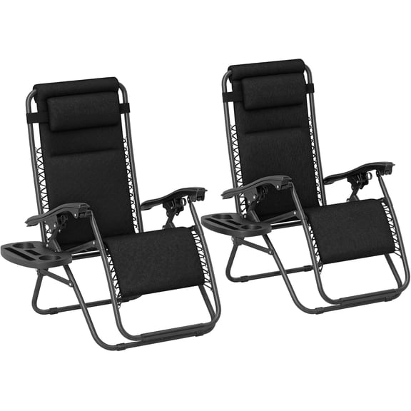 QISHENSHUI Zero Gravity Chairs Set of 2, Reclining Folding Zero Gravity Lounge Chair, Outdoor Lounge Chairs with Cushion, Headrest, and Cup Phone Holder Tray for Patio, Beach, Black