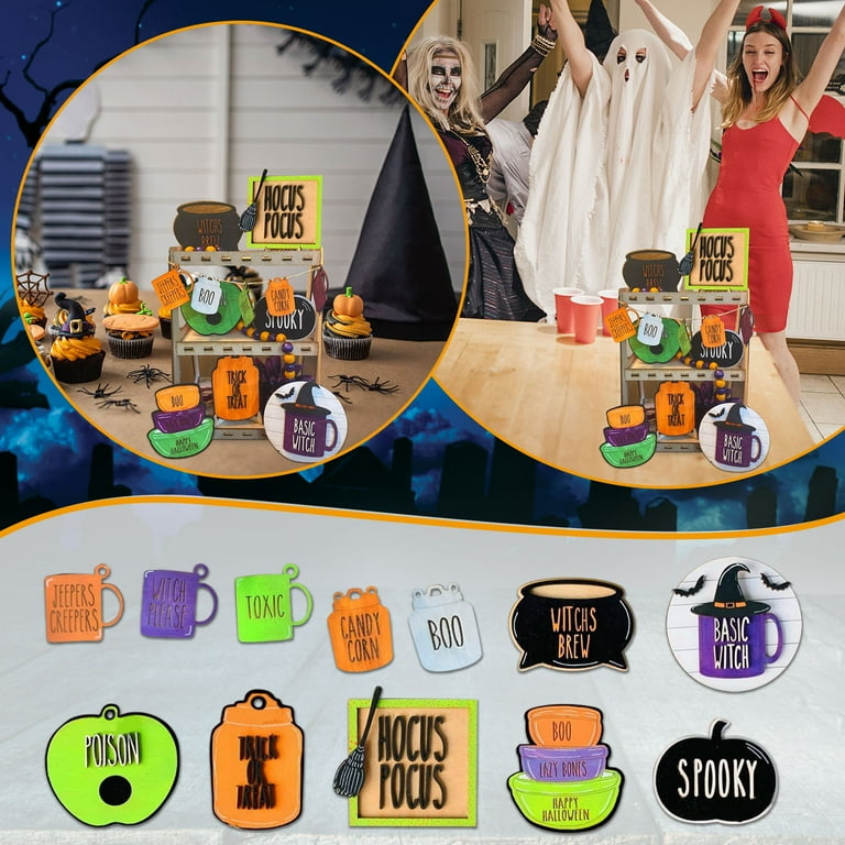 Add a touch of spooky charm to your Halloween party with the Qisiwole 12pcs Halloween Hocus Pocus Tray Decor. Featuring a mix of trick or treat, poison, toxic candy corn, and farmhouse wooden signs, these decorations will create a bewitching atmosphere that is sure to delight your guests. Perfect for adding a touch of hocus pocus to your Halloween decor, these signs are a must-have for any Halloween enthusiast.