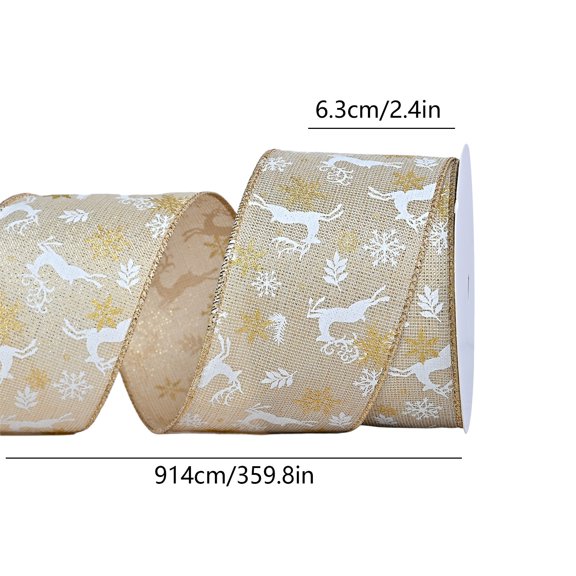 QISIWOLE 2.4"x30' Glitter Christmas Reindeer Ribbon for Gift Wrapping, Yellow Xmas Ribbon Wired Christmas Tree Wrap Around Ribbon Wire for Holiday Present
