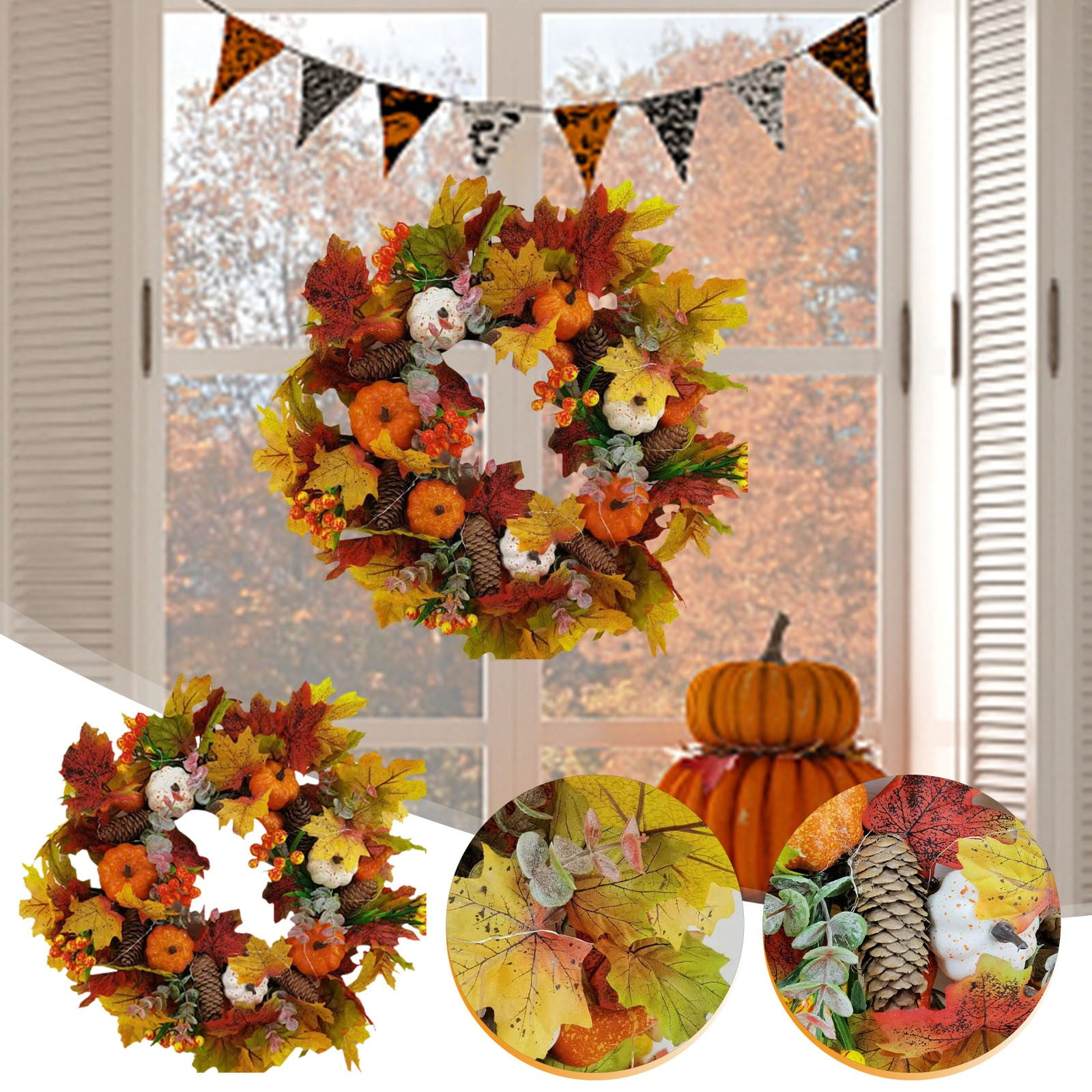 QISIWOLE 22 Inch Fall Wreath with Pumpkins, Berry, Maple Leaf, Pine ...
