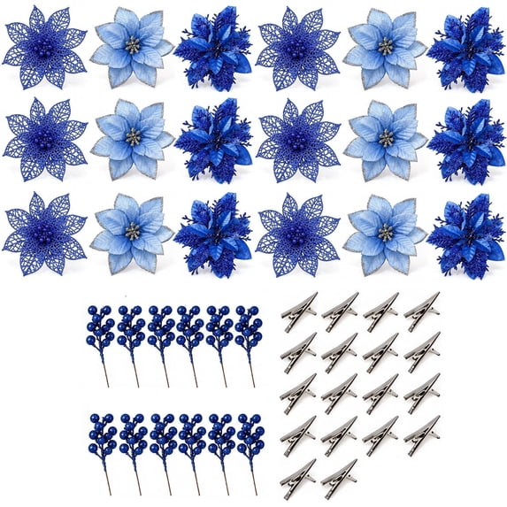 QISIWOLE 30 PCS Christmas Poinsettia Flowers & Berries, 5.5 Inch ...