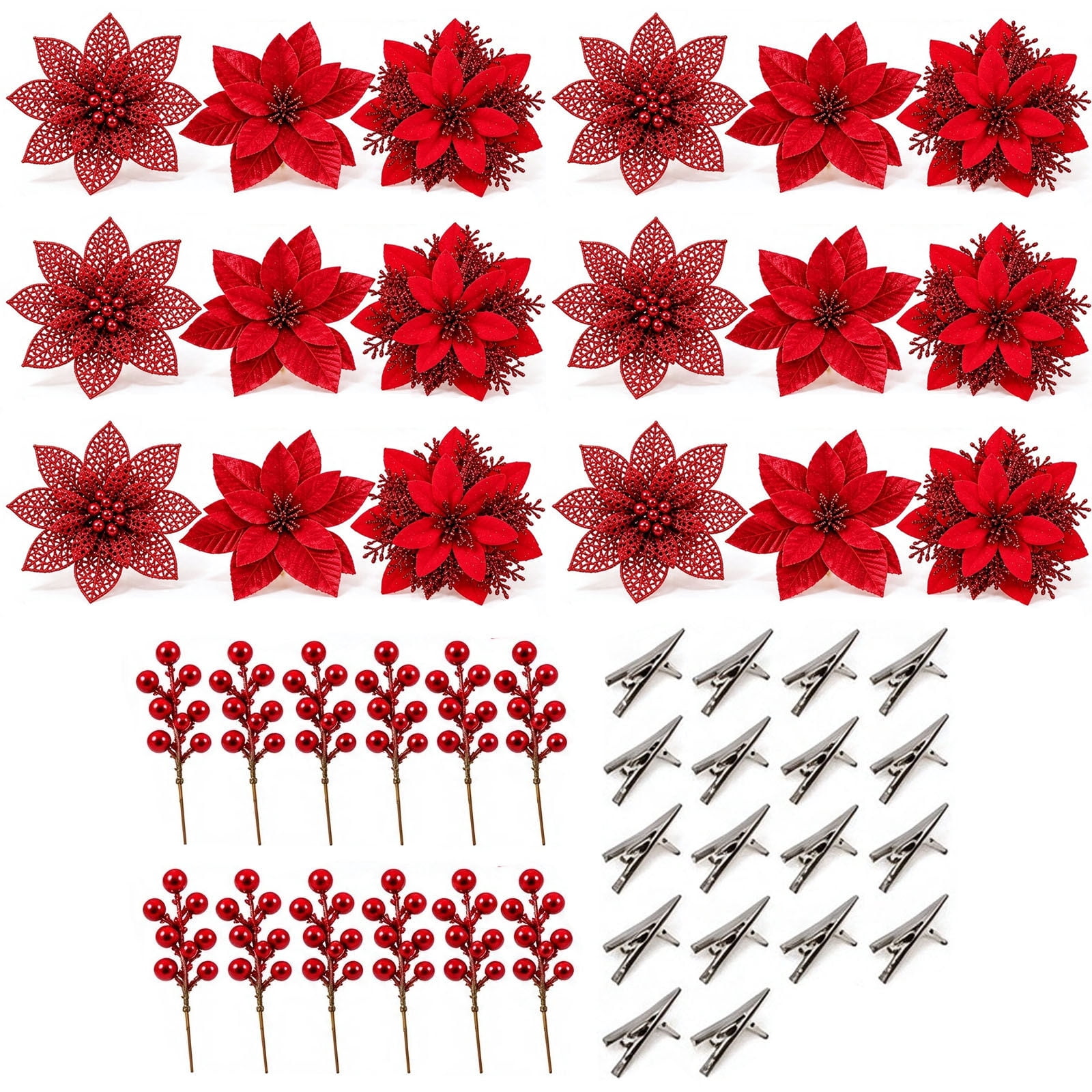 QISIWOLE 30 PCS Christmas Poinsettia Flowers & Berries, 5.5 Inch ...