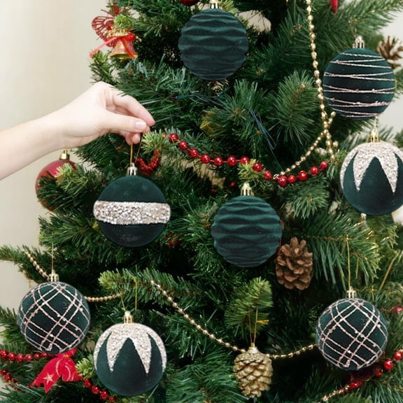 QISIWOLE 6Pcs 3.14in Flocked Christmas Ball Ornaments, 6 Styles Glitter Hanging Ornaments of Christmas Tree Holiday Rustic Modern Party Decor, Green