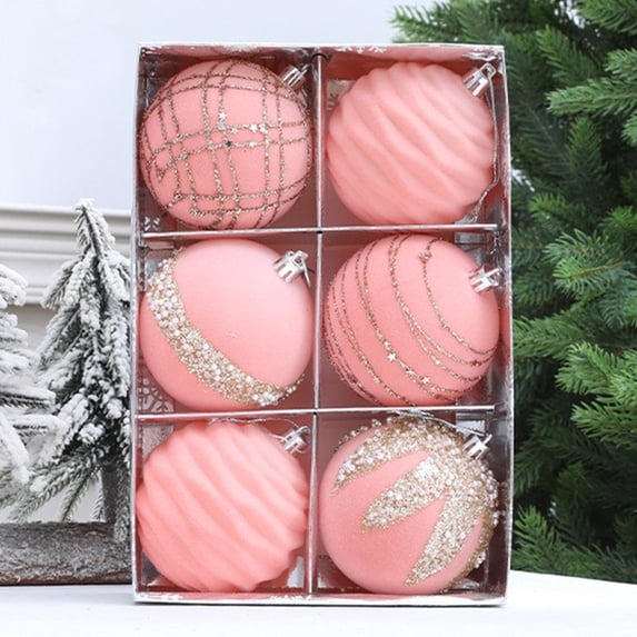QISIWOLE 6Pcs 3.14in Flocked Christmas Ball Ornaments, 6 Styles Glitter Hanging Ornaments of Christmas Tree Holiday Rustic Modern Party Decor, Pink