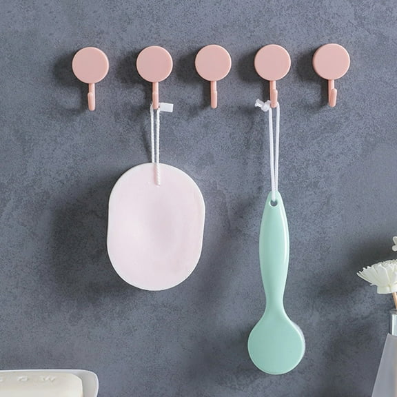 QISIWOLE Adhesive Hanging Hooks Wall Hook Pack of 5, Heavy Duty No Drill 3Ibs Self Stick for Plants Door Lights Towel Shower Bathroom Key Small Bag Pictures Decorative Hanger 5PC Pink