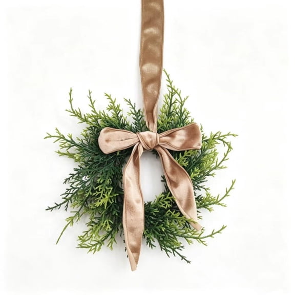 QISIWOLE Artificial Christmas Pine Needle Wreath, 10 Inch Green Faux Cedar Foliage With Satin Ribbon Bow, Hanging Wall Front Door Dining Table Chair Decor, Green
