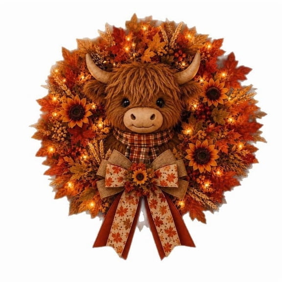 QISIWOLE Autumn Highland Cow Wreath with Remote Control Lights, 3D Vintage Bow Sunflower Maple Leaves Wheat Decor, Farmhouse Hanging Decoration for Porch Entryway Wall Halloween Thanksgiving Home