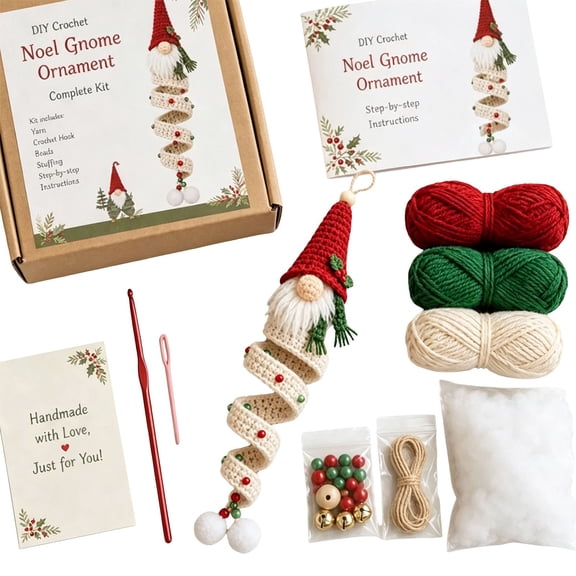 QISIWOLE Berry Gnome Crochet Spiral Ornament DIY Kit for Adults, 6in Beginner Crochet Craft Set, Handmade Christmas Hanging Ornaments Decor for Indoor Tree, Gift for Festival & Craft Lovers
