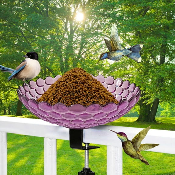 QISIWOLE Bird Bath Deck Mounted Bowl, 6.9 Inch Metal Bird Baths with Adjustable Sturdy Metal Clamp for Deck Railing Balcony Bird Feeder for Garden Yard and Lawn Decoration, Purple