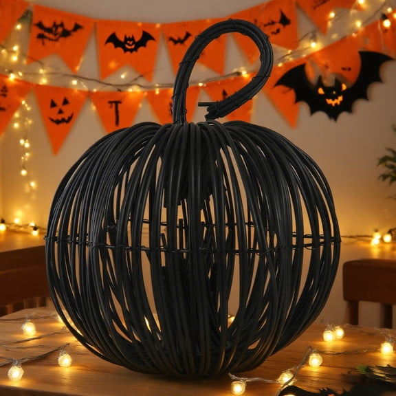 QISIWOLE Black Wicker Rattan Pumpkins Natural Grapevine Ball Pumpkins Ornament for Halloween Fall Thanksgiving Party Table Decoration 9.4inch