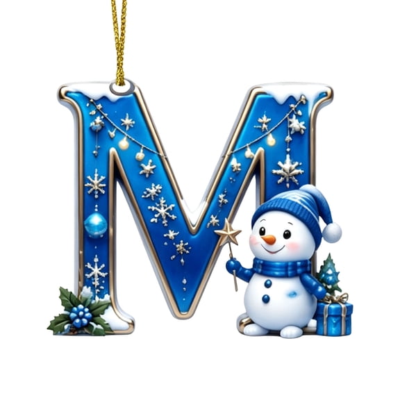 QISIWOLE Blue Christmas M-Letter Ornaments with Snowman Design, 3.15 Plastic Initial Alphabet Hanging Ornament, Personalized Gift for Christmas Tree Indoor Home Decor