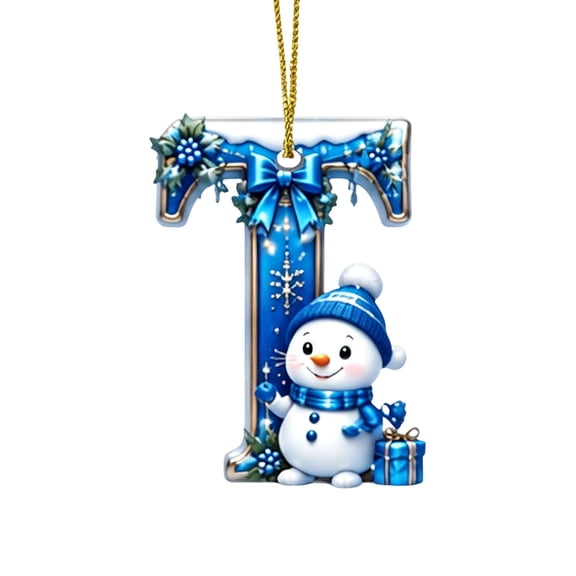 QISIWOLE Blue Christmas T-Letter Ornaments with Snowman Design, 3.15 Plastic Initial Alphabet Hanging Ornament, Personalized Gift for Christmas Tree Indoor Home Decor