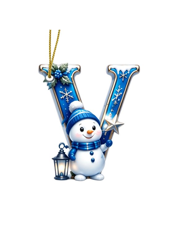 Blue Christmas V-Letter Ornaments with Snowman Design, 3.15 Plastic Initial Alphabet Hanging Ornament, Personalized Gift for Christmas Tree Indoor Home Decor