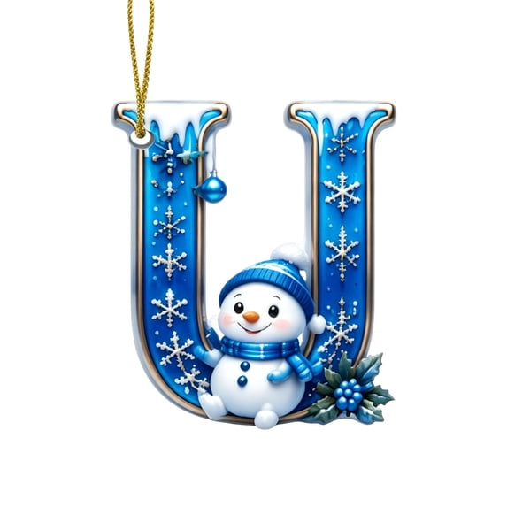 QISIWOLE Bluev Christmas U-Letter Ornaments with Snowman Design, 3.15 Plastic Initial Alphabet Hanging Ornament, Personalized Gift for Christmas Tree Indoor Home Decor