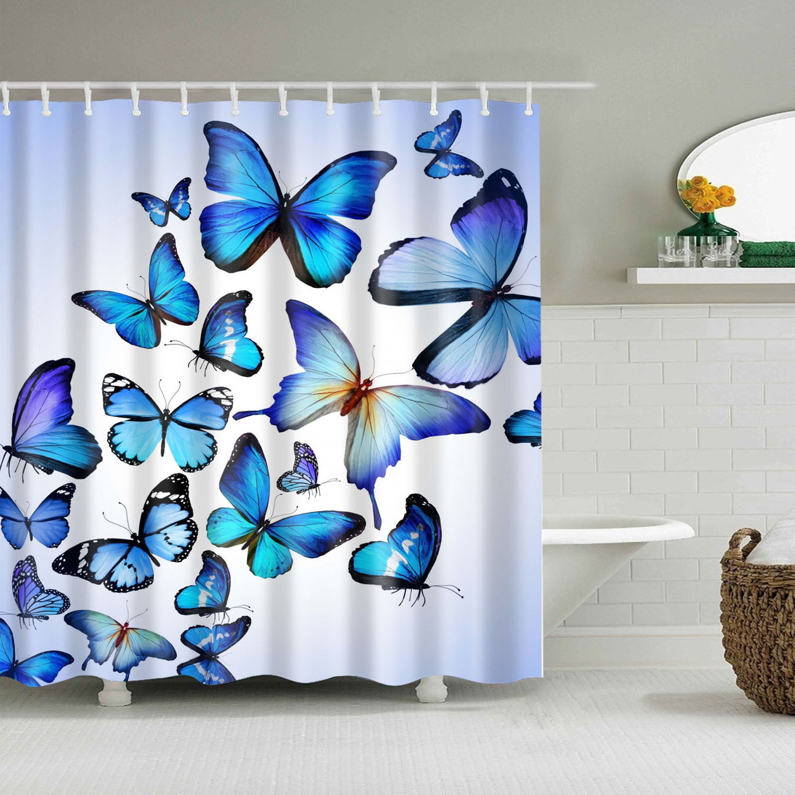 QISIWOLE Butterfly Shower Curtain Royal Blue Butterflies Home Fabric Bathroom Curtains Decor 65
