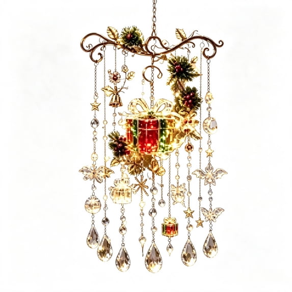 QISIWOLE Christmas 2D Gifts Wind Chime Window Hanging Ornament, 14in Flat Sparkling Acrylic Christmas Decoration for Festive Holiday Home Tree Indoor Outdoor Decor