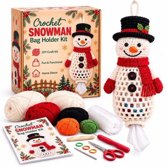 QISIWOLE Christmas Crochet Bag Holder Kit Snowman Design Hanging Kitchen Pantry Organizer for Grocery Sack Storage 11.8 Inch