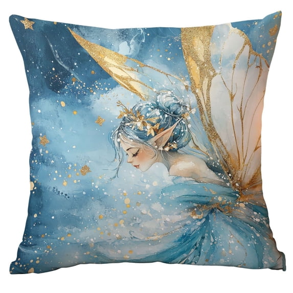 QISIWOLE Christmas Fairy Cushion Cover, Blue Fairy Print Pillowcase, 18 x 18 in Polyester Pillow Cover, for Sofa Couch Bedroom and Christmas Decor
