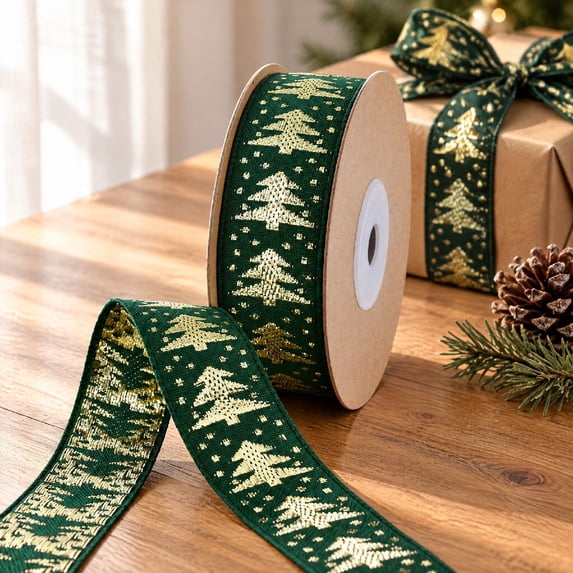 QISIWOLE Christmas Ribbon, 180 Inch x 0.98 Inch Soft Polyester Craft Trim for Holiday Gift Wrapping, Wreath Bows and Christmas Tree Decor, Green Gold Tree Ribbon