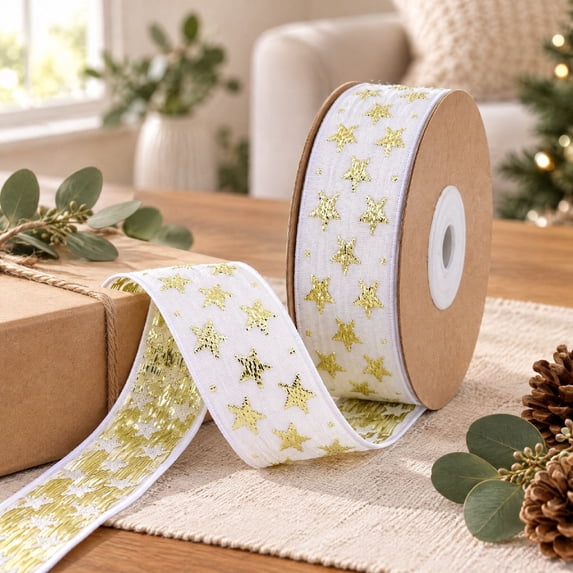 QISIWOLE Christmas Ribbon, 180 Inch x 0.98 Inch Soft Polyester Craft Trim for Holiday Gift Wrapping, Wreath Bows and Christmas Tree Decor, White Gold Star Ribbon