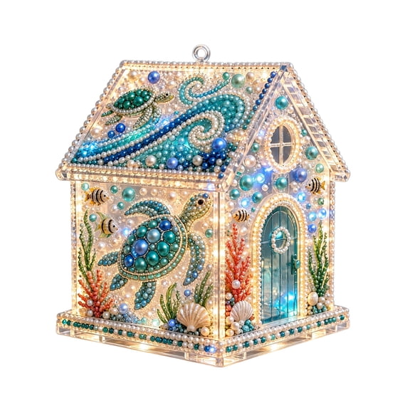 QISIWOLE Christmas Sea Turtle House Diamond Pearl Art Kit, DIY Rhinestone Bead Craft Set, 4.33 x 5.71 Inch Plastic Art Kit, For Home Tabletop Holiday Craft Decoration