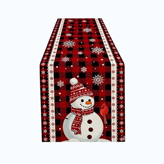 QISIWOLE Christmas Snowman & Snowflakes Black Red Buffalo Grid Table Runner, 35x13in Winter Snow Sketch Rectangle Table Runners Tabletop Scarf for Kitchen Dining Holiday Party Decor