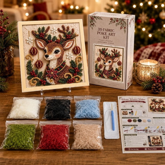 QISIWOLE DIY Christmas Reindeer Punch Needle Kit for Adults & Beginner, 7.8x7.8in DIY Fabric Poke Art Kit, Punch Needle Kits with All Supplies for Women Mom, Home Party Decor, Gift for Crafts Lovers