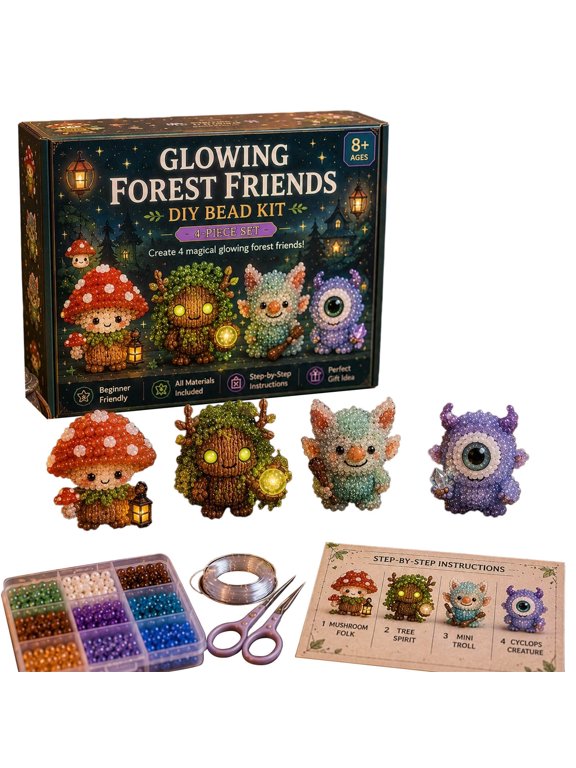 DIY Tiny Forest Friends Glow in the Dark Beaded Art Kits for Adults, 4 PCS 3D DIY Luminous Craft Kit with Beads & Wire for Teens & Hobbyists, Beginner Friendly Keychain Crafting Set, Gift