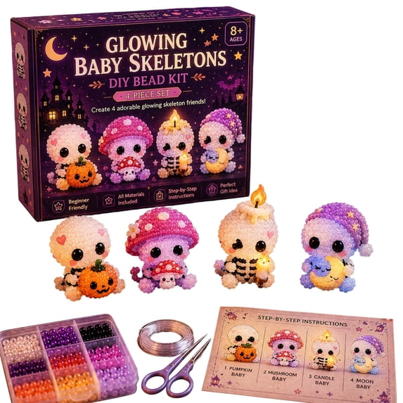 QISIWOLE DIY Tiny Skeleton Glow in the Dark Beaded Art Kits for Adults, 4 PCS 3D DIY Luminous Craft Kit with Beads & Wire for Teens & Hobbyists, Beginner Friendly Keychain Crafting Set, Gift