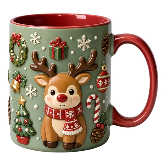 QISIWOLE Festive 3D Christmas Reindeer Ceramic Coffee Mug, 12 fl oz Hand Finished Sculpted Relief, Warm Holiday Cocoa Tea for Kitchen Office Desk, Red Handle Red Interior