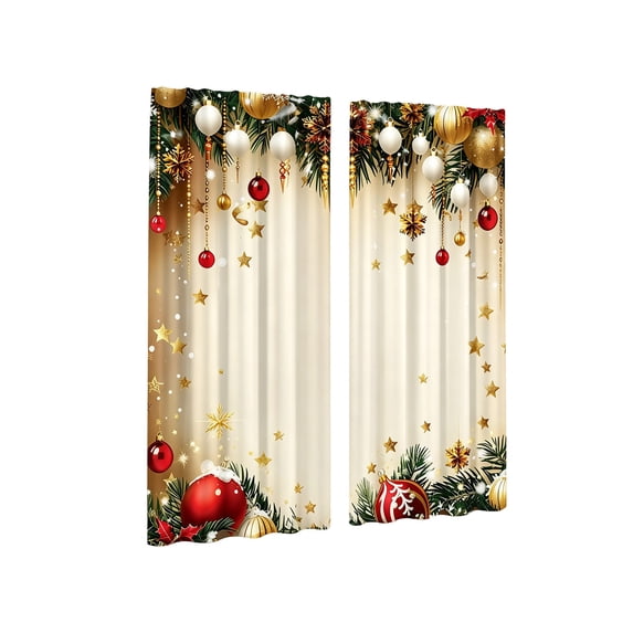 QISIWOLE Festive Christmas Themed Decorative Curtains, 2 Pack 65x29in Polyester Fabric with Rod Pocket, Holiday Window Display for Living Room Bedroom Party, Gold Ornament Elegant Scene