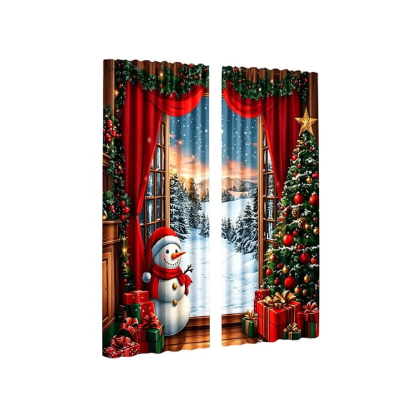 QISIWOLE Festive Christmas Themed Decorative Curtains, 2 Pack 65x29in Polyester Fabric with Rod Pocket, Holiday Window Display for Living Room Bedroom Party, Snowman Red Curtain Scene