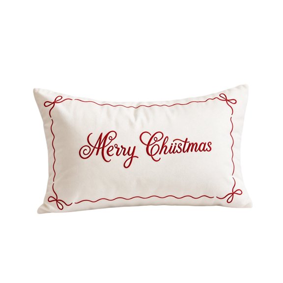 QISIWOLE Festive Christmas Throw Pillow Cover, 11.81 x 19.69 Inch Embroidered Velvet, Seasonal Holiday Decor for Sofa Couch Living Room Bedroom, White With Red Script