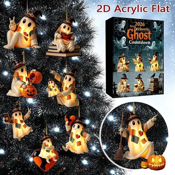QISIWOLE Halloween Advent Calendars 2026, 24 PCS 2D Acrylic Patchwork Ghost Decorations, Halloween Party Favors Spooky Cute Ghost Hanging Ornament For Boys Girls