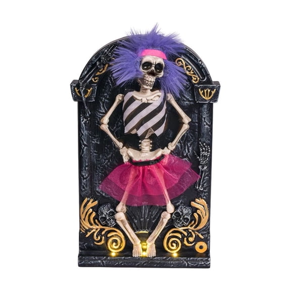QISIWOLE Halloween Animated Punk Skeleton Tombstone Door Hanging with Warm LED Lights, Purple Mohawk Pink Tutu Resin Skull Ornament, 12.20 x 7.09 in