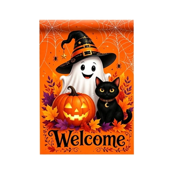 QISIWOLE Halloween Garden Flag, 18x12in Witch Ghost Black Cat Pumpkin Waterproof Yard Banner for Outdoor Decor