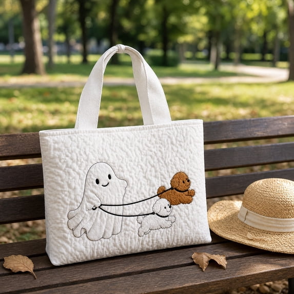 QISIWOLE Halloween Ghost Tote Bag, Cute Ghost Walking Puppies Design, Hand Bag for Women, Quilted Makeup Pouch Portable Travel Handbag for Cosmetics, Skincare & Toiletries