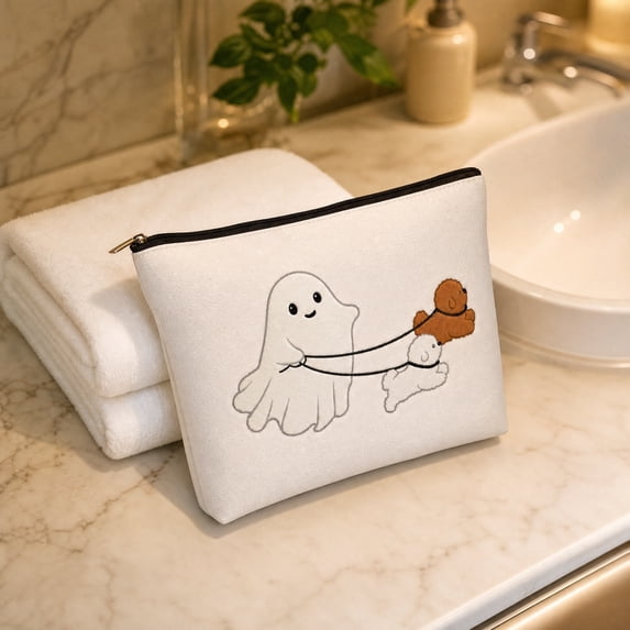 QISIWOLE Halloween Ghost Tote Bag, Cute Ghost Walking Puppies Design, Hand Bag for Women, Quilted Makeup Pouch Portable Travel Handbag for Cosmetics, Skincare & Toiletries