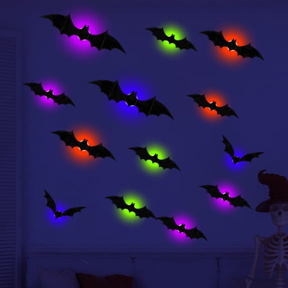 QISIWOLE Halloween LED Bats Light Wall Stickers Glow in The Dark 3D Wall Decor for Home Decor Indoor Party Decorations (24 Pcs, 4 Type)