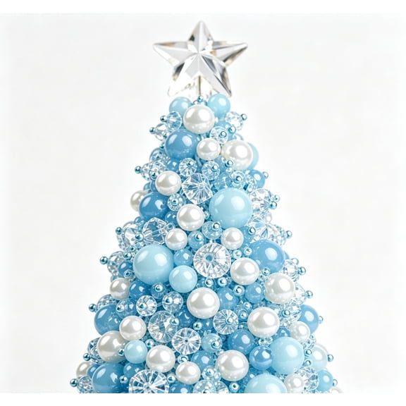 QISIWOLE Handmade Beaded Christmas Tree Craft Kit, DIY Holiday Tabletop Decor, 6.69 Inch, Pearl and Acrylic Beads With Star Topper, Bright Blue Aqua