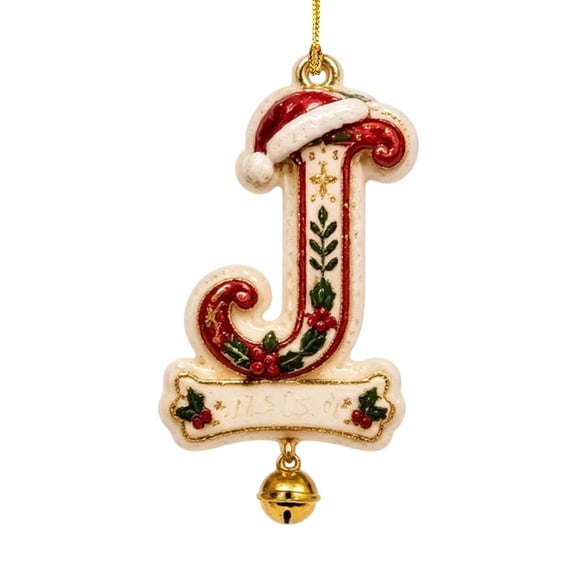 QISIWOLE Letter J Alphabet Christmas Tree Ornament, Personalized Initial Pendant with Santa Hat and Holly, 3.15 x 3.15 in Acrylic Hanging Ornament, for Christmas Tree Wreath Window Holiday Decor
