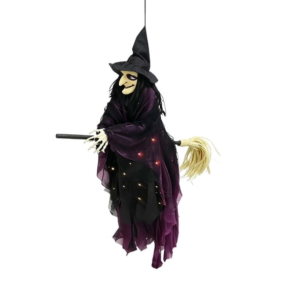 QISIWOLE Lighted Hanging Flying Witch with Broomstick Halloween Decoration, 78.74 Inch Scary Witch with Glowing Eyes and Scary Sounds, Halloween Decor for House Garden Yard Indoor Outdoor