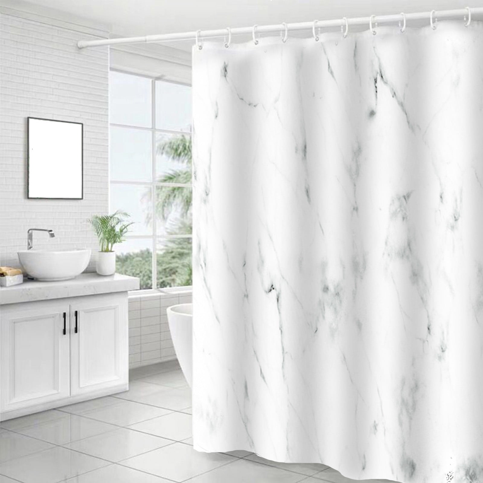 QISIWOLE Marble Bathroom Shower Curtain,Grey and White Fabric