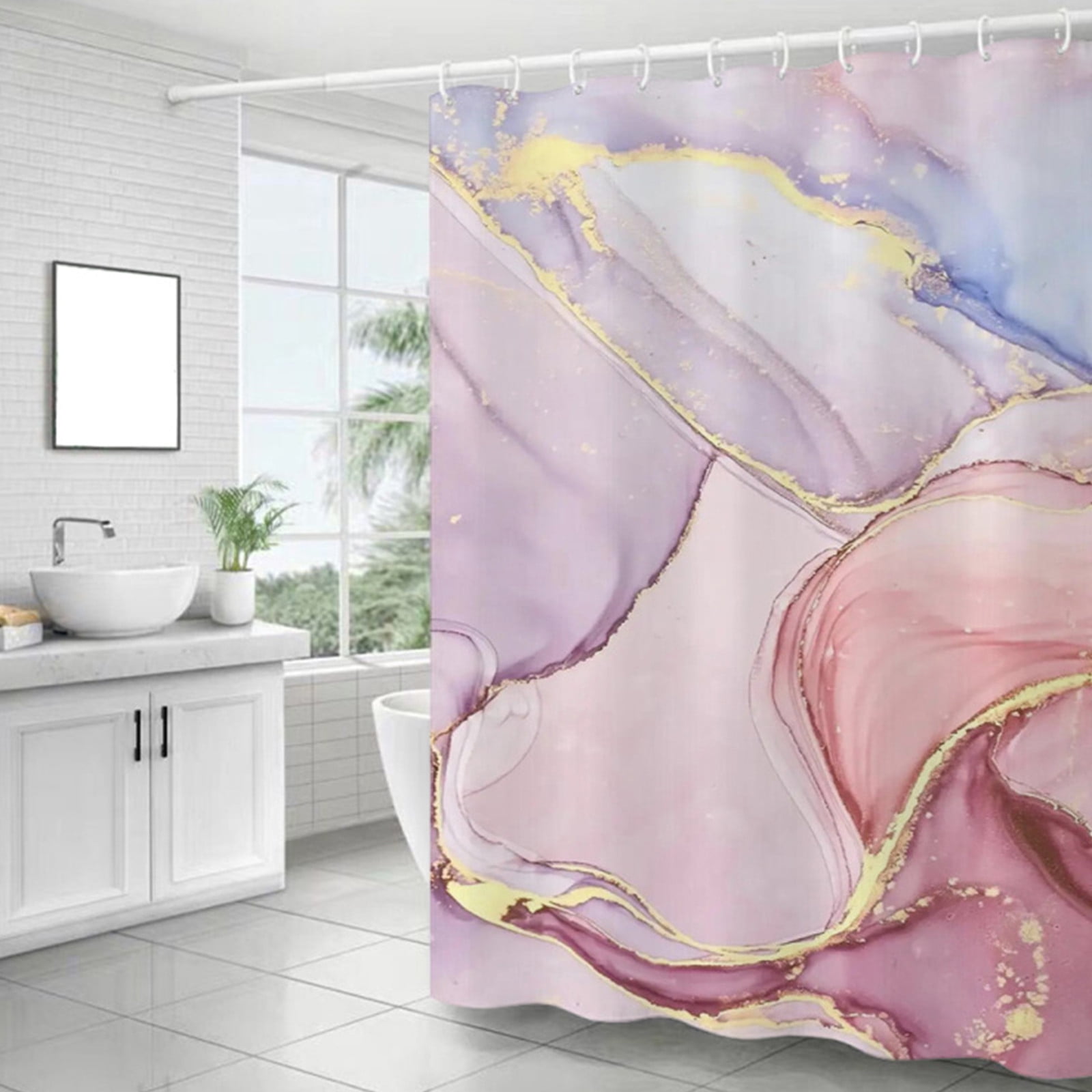 QISIWOLE Pink Marble Shower Curtains Abstract Modern Colorful Golden